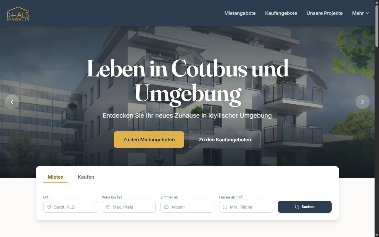 Startseite von d-haus.net mit Immobilien-Objektübersicht und Bildergalerie